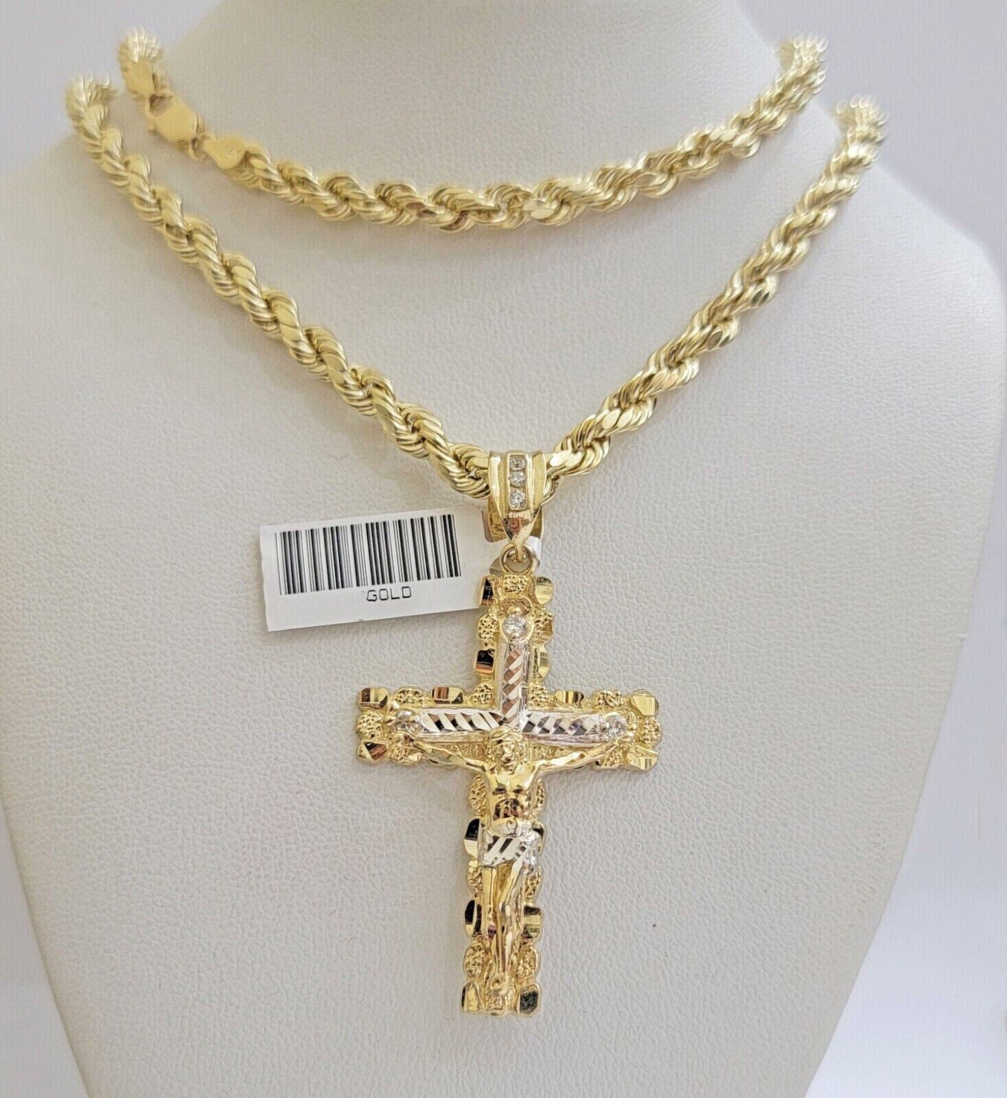 10k yellow gold rope chain with cross charm pendant set real 10kt 4mm necklace - GoldenlinQ